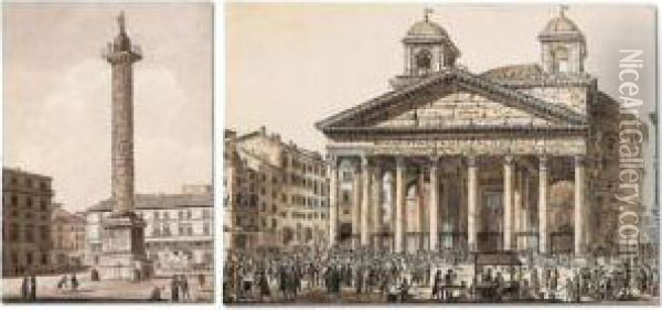 Trajan's Column; The Pantheon Oil Painting - Constant Florent F. Bourgeois Du Castelet
