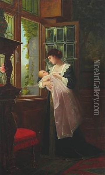 Interior With A Woman And Her Child By The Window Oil Painting - Ernst Anders