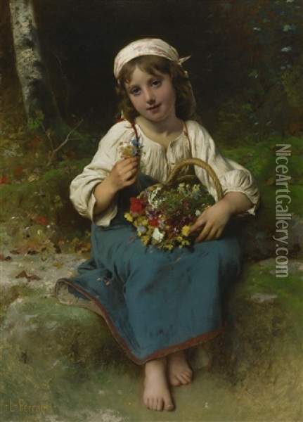 Young Girl With A Basket Of Flowers Oil Painting - Leon Jean Basile Perrault