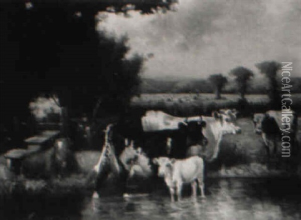 Cows By A Brook Oil Painting - Scott Leighton