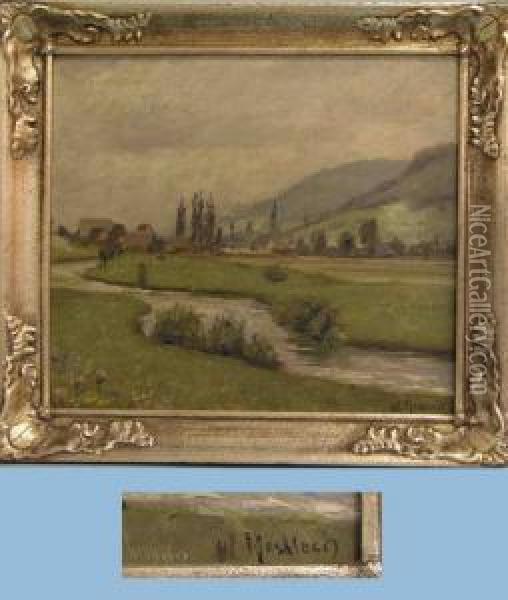 Bachlauf Im Hintergrund Dorf Vor Hugeliger Landschaft Oil Painting - Carl Wilhelm Mosblech