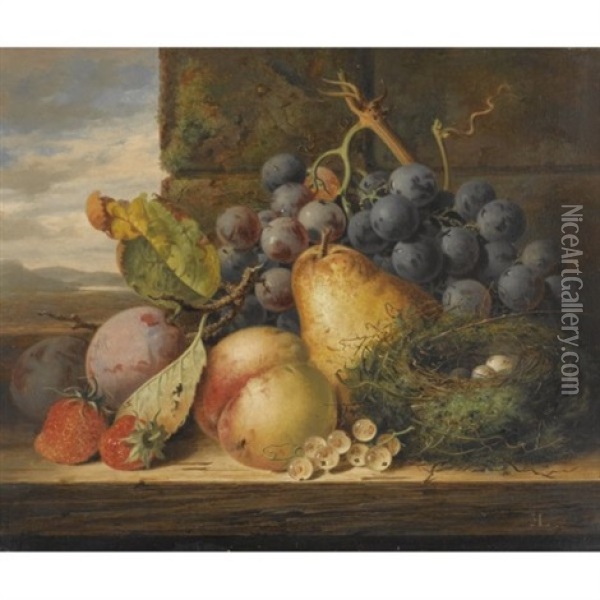 Still Life With A Bird's Nest, A Pear, A Peach, Grapes, Strawberries And Plums Oil Painting - Edward Ladell