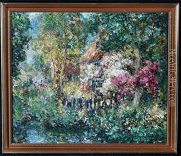 A Pointillistic Cottage Garden Oil Painting - John Falconar Slater