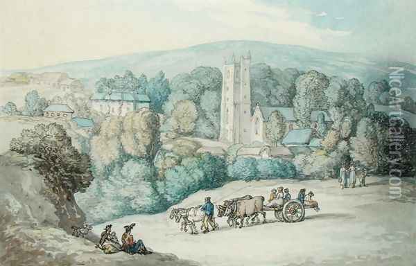 The Church and Village of St. Cue, Cornwall, c.1812 Oil Painting - Thomas Rowlandson