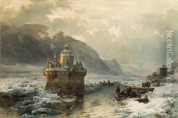 The Pfalz Near Kaub In Winter Oil Painting - Carl Hilgers