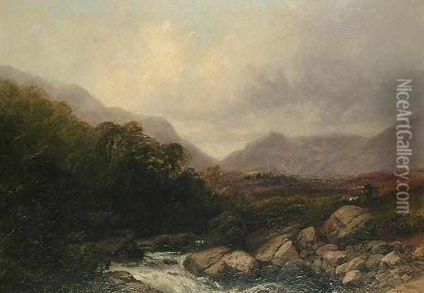 River Landscape With A Figure And A Dog On The Bank Oil Painting - John Wright Oakes
