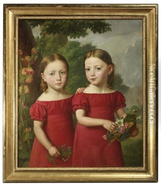 Bildnis Zweier Geschwister In Roten Kleidern Mit Blumen In Einem Korb Vor Landschaftshintergrund Oil Painting - Sebastian Weygandt