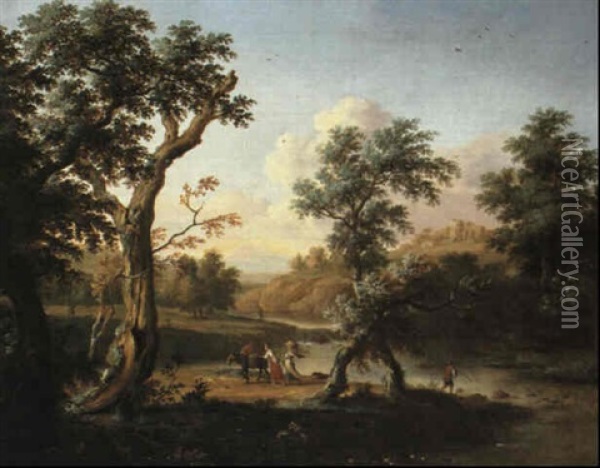 Figures In A River Landscape Oil Painting - Dirk Dalens III