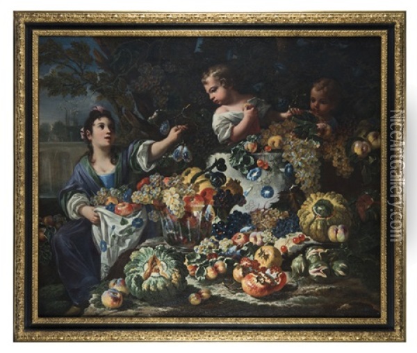 Natura Morta Di Frutta Con Giovane E Due Bambini Oil Painting - Antonio Mercurio Amorosi