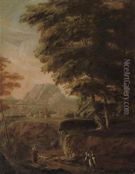 A Wooded River Landscape With Travellers On A Track, A Town Beyond Oil Painting - Pieter the Younger Mulier
