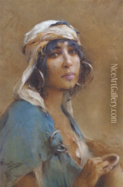 Mabrouka A Tunis (bedouine A La Robe Bleue) Oil Painting - Emile Auguste Pinchart