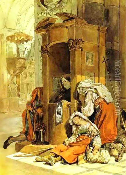 Confession of an Italian Woman 1827 1830 Oil Painting - Julia Vajda