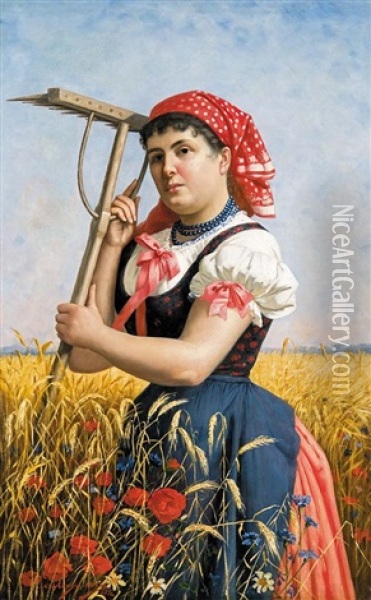 Girl With A Rake Oil Painting - Mihaly Szobonya