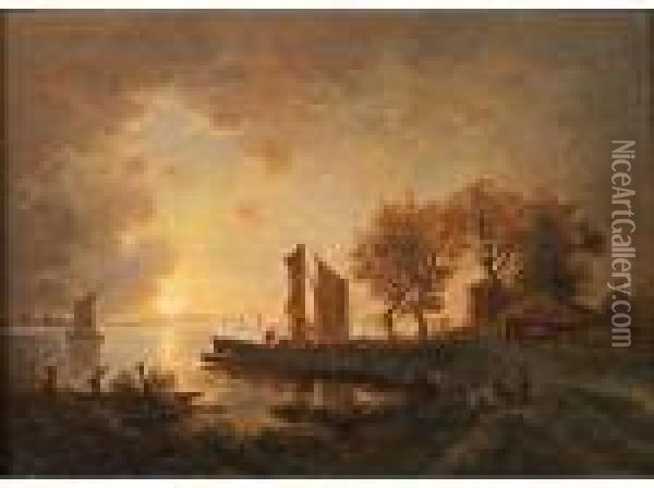 Pecheurs Enhollande, Effet De Lune Oil Painting - Auguste-Paul-Charles Anastasi