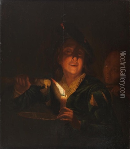 Figures By Candle Light With A Boy Eating Oil Painting - Godfried Schalcken