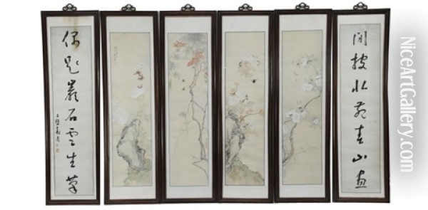 Set Of Six Panels: 4 Painted & 2 Calligraphy Oil Painting -  Ju Lian