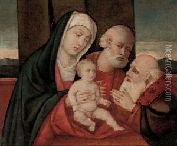 The Holy Family With A Male Saint Oil Painting - Giovanni Bellini