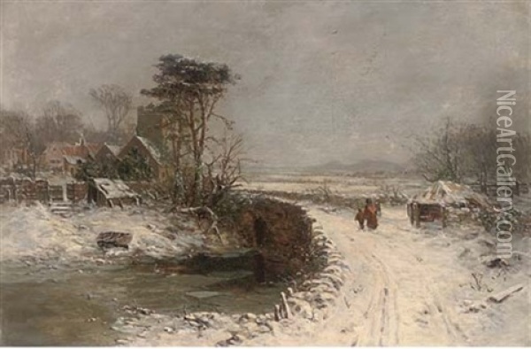 A Mother And Child Crossing A Bridge In The Snow, A Village Beyond Oil Painting - Charles Brooke Branwhite
