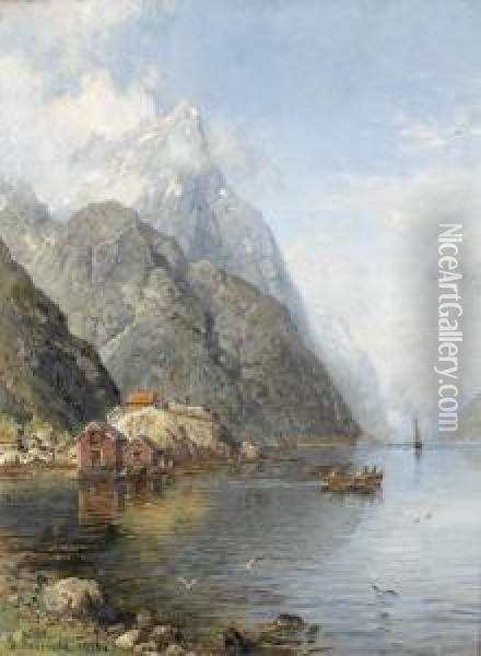 Fjordlandschaft Mit Holzhauschen Oil Painting - Anders Monsen Askevold