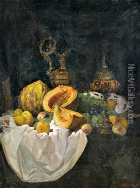 Still Life With Pitcher Oil Painting - Janos Pentelei-Molnar