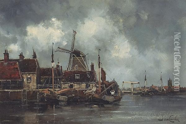 A Dutch Port With A Windmill Beyond; Also A Painting Of A Boat On An Estuary (a Pair) Oil Painting - Hermanus Jr. Koekkoek
