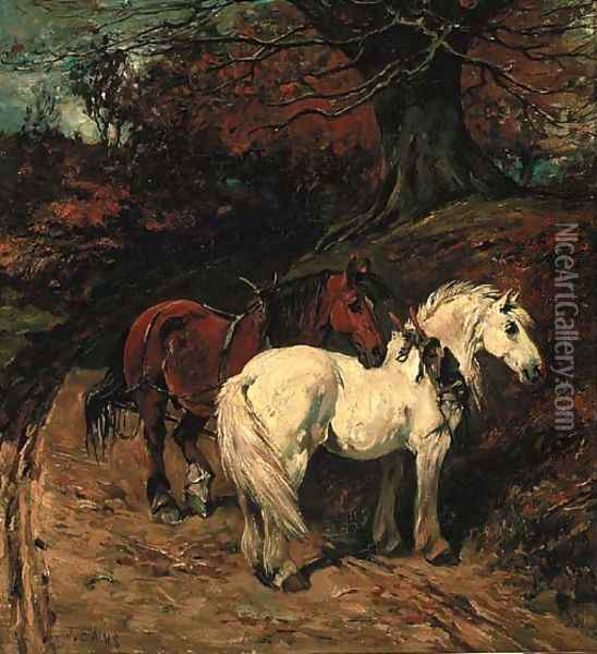 Carthorses on a wooded track Oil Painting - John Emms