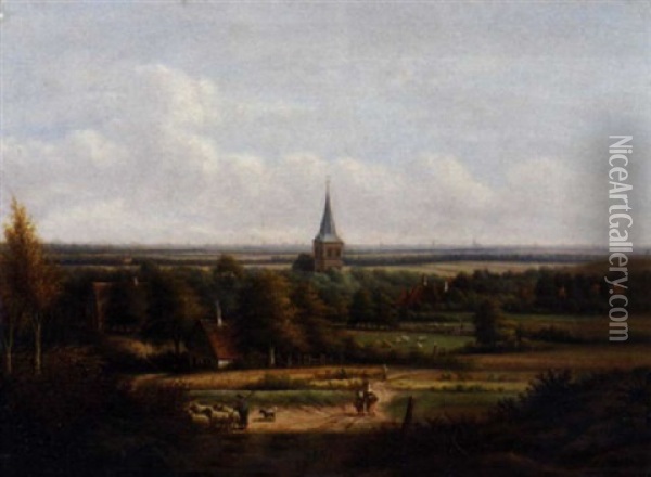 A Panoramic View Of A Valley With A Village In The Foreground Oil Painting - Anthony Andreas de Meyer