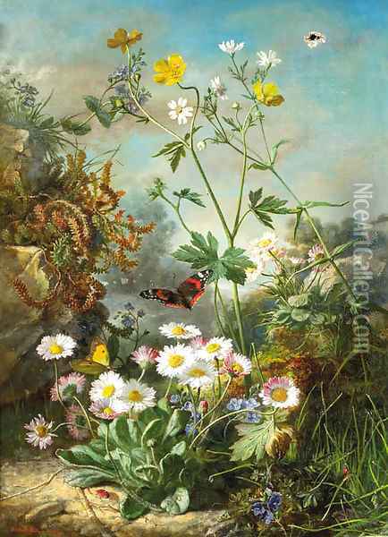 Daisies, buttercups and forget-me-nots on a forest floor, with butterflies Oil Painting - Jean Marie Reignier