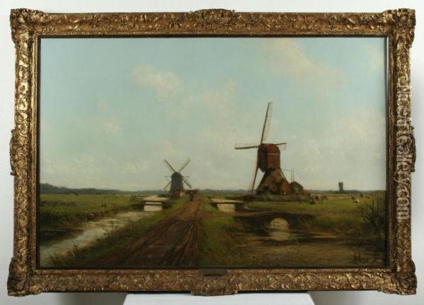 Zwei Windmuhlen An Einem Kanal Oil Painting - Johan Hendrik Doeleman