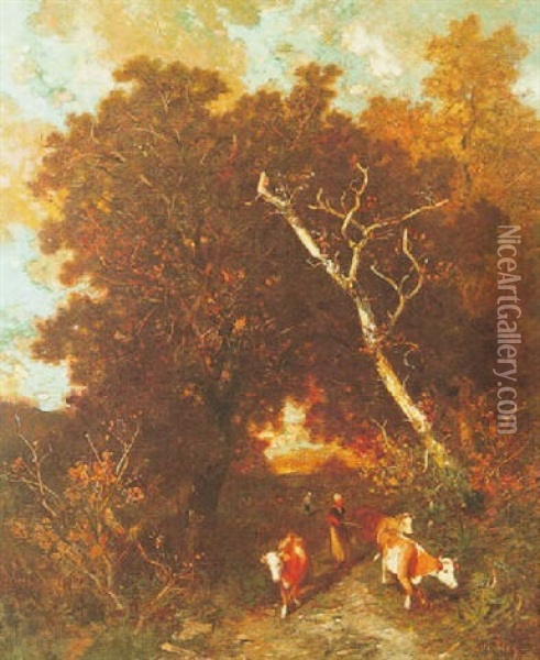 En Foret, Le Retour Du Troupeau Oil Painting - Louis Adolphe Hervier