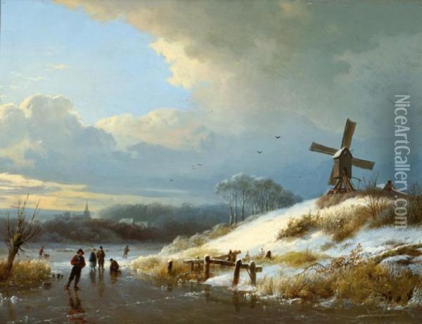 Figures On The Ice With A Mill In The Background Oil Painting - Barend Cornelis Koekkoek