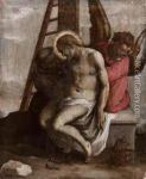 Cristo Deposto Tra Un Angelo E San Francesco Oil Painting - Acopo D'Antonio Negretti (see Palma Giovane)