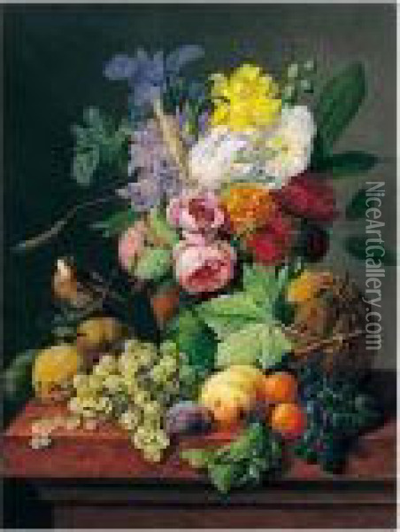 Bloemstilleven Met Distelvink (still Life With Flowers And Bird) Oil Painting - Anthony Oberman