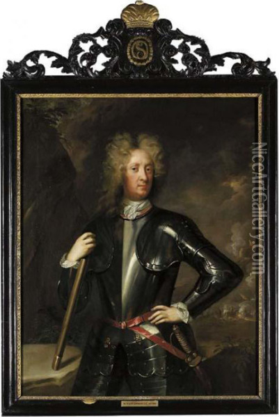 Portrait Of The Duke Of 
Schomberg, Three-quarter-length, In Armour, Holding A Baton In His Right
 Hand, In A Landscape, A Battle Beyond Oil Painting - Michael Dahl