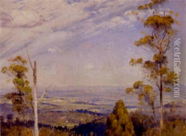 View From Hills Across Plain To Distant Hills Oil Painting - Thomas William Roberts