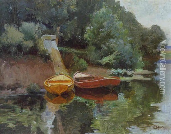 Les Barques Au Bord De La Riviere Oil Painting - Emile Charles Dameron