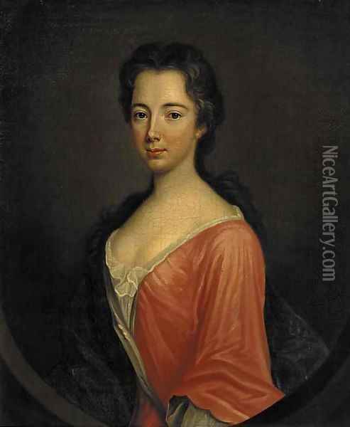 Portrait of Miss Ray, three-quarter-length, in a red dress and blue wrap, feigned oval Oil Painting - Sir Godfrey Kneller