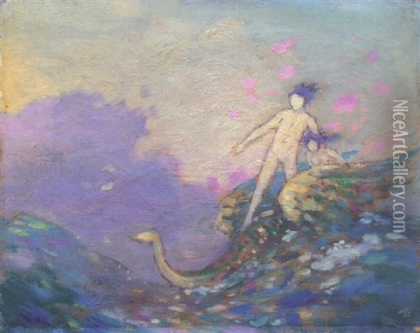 Sea Monster And Figures Astride Oil Painting - George Russell