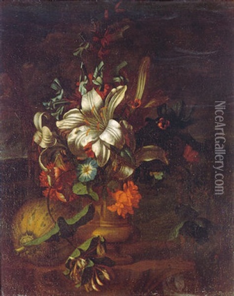 A Still Life Of Lilies, Roses, Convolvulus And Other Flowers In A Stone Urn Beside A Melon, In A Landscape Oil Painting - Karel Borchaert Voet