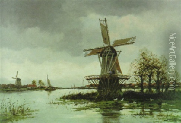 Windmuhle Am Fluss Oil Painting - Hermanus Koekkoek the Younger