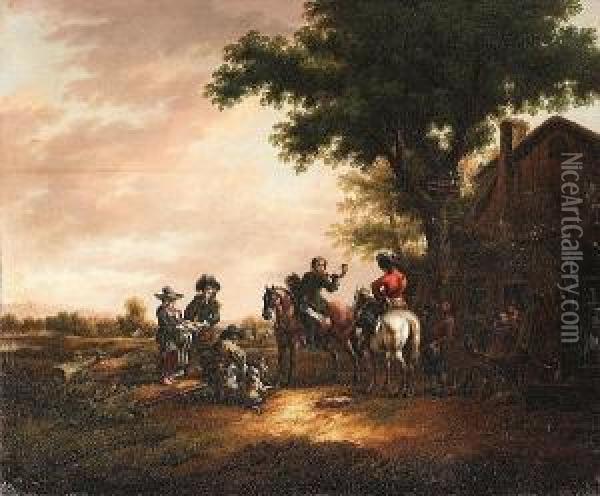 Elegant Riders Resting Beside A Fountain At The Steps Of A Large House; And Riders Taking Refreshment Beside A Country Inn Oil Painting - David Schmitt