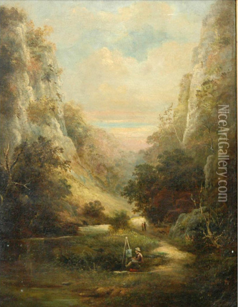 Artist At Work In A Gorge Oil Painting - Thomas Creswick
