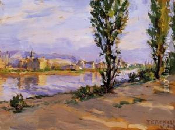 Sunlit Riverside With Houses In The Background Oil Painting - Valer Ferenczy