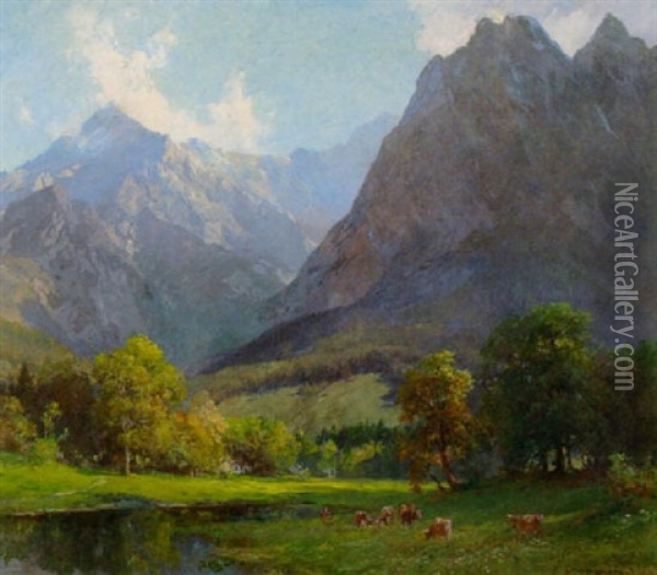Sommerliche Gebirgslandschaft Mit Kuhen Am Gewasser Oil Painting - Edward Theodore Compton