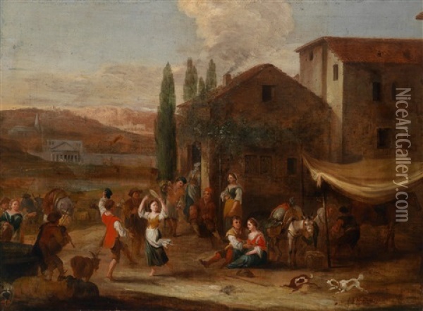 Landliche Szene Mit Feiernden Und Tanzenden Bauern Vor Einem Wirtshaus Oil Painting - Pieter Jacobsz. van Laer