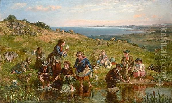 The Minnow Gleaners At Arthur's Seat, Edinburgh Oil Painting - Thomas Austen Brown