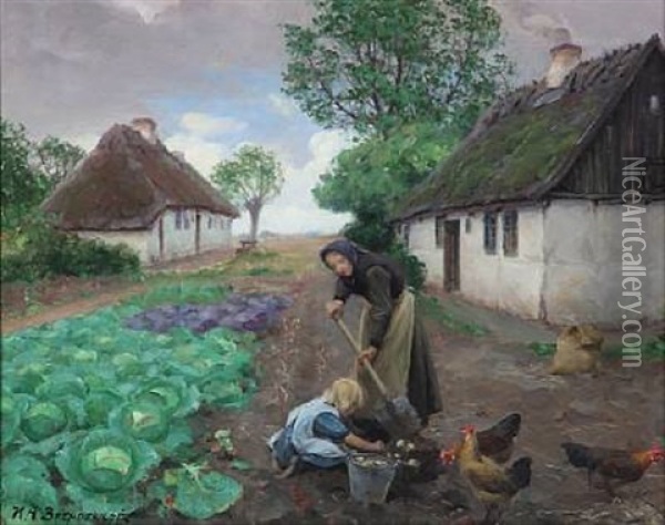 Grandmother And Granddaughter Are Digging Potatoes Near A Thatched Cottage Oil Painting - Hans Andersen Brendekilde