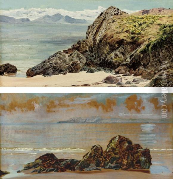 The Rivals, Llanddwyn; And Rocks On A Beach Oil Painting - Frederick William Hayes
