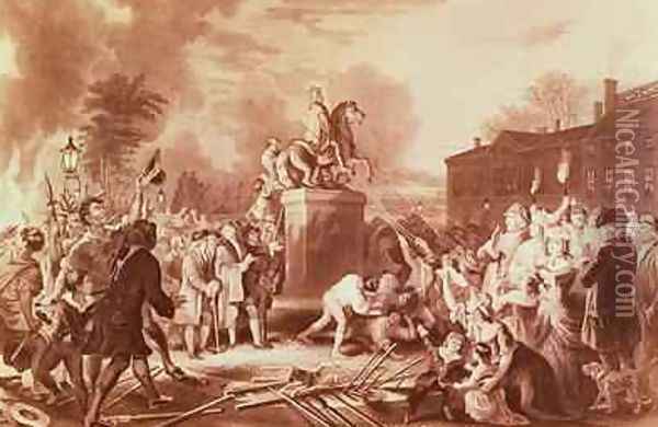 Pulling Down the Statue of George III in the Bowling Green in 1776 Oil Painting - Johannes Adam Simon Oertel