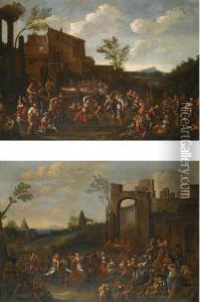 A Village Festival Amongst Classical Ruins Oil Painting - Pietro Domenico Oliviero
